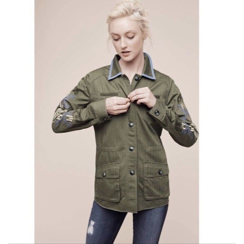 Hei Hei Green Embroidered Military Jacket Women's M Adjustable Waist